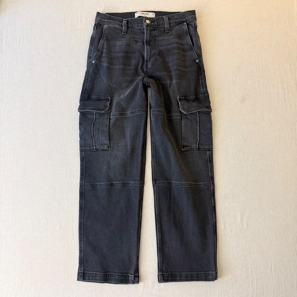 Hollister Baggy Cargo Jeans Mens 30x30 Faded Black Streetwear Skater Pants